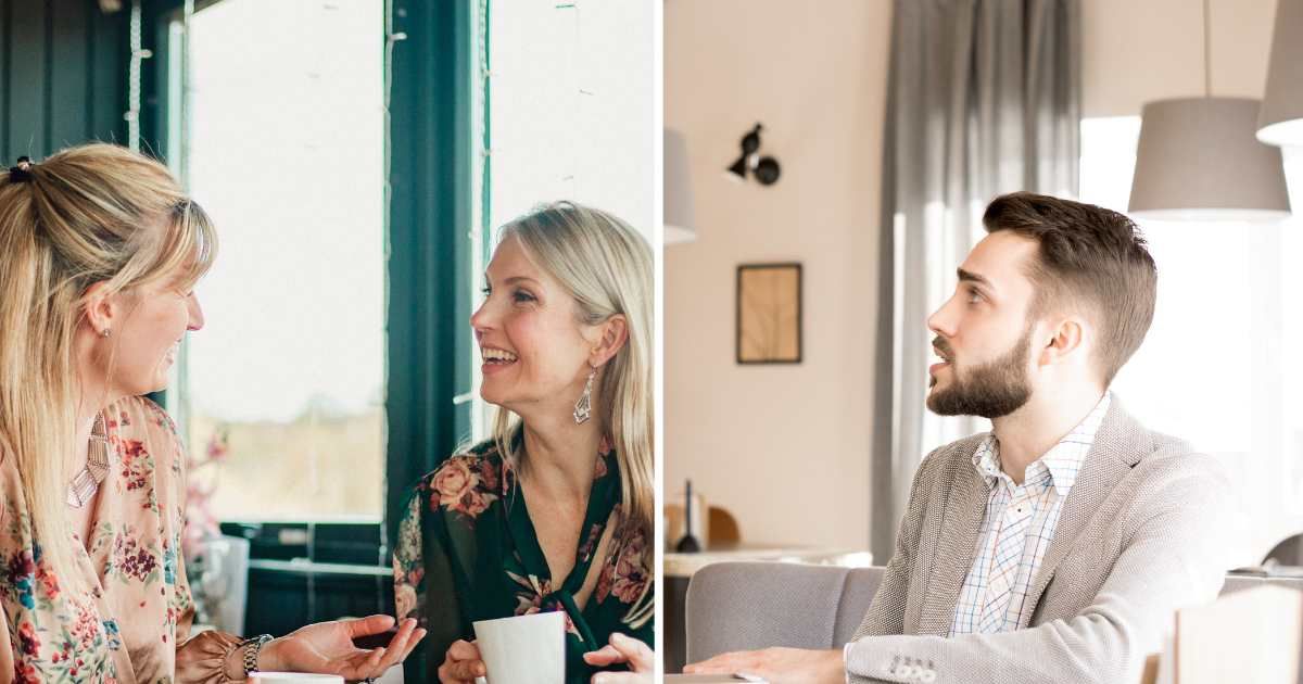 (L) Two woman talking. (R) Man talking to someone. (Representative Cover Image Source: Getty Images | (L) Solstock, (R) Seventyfour)