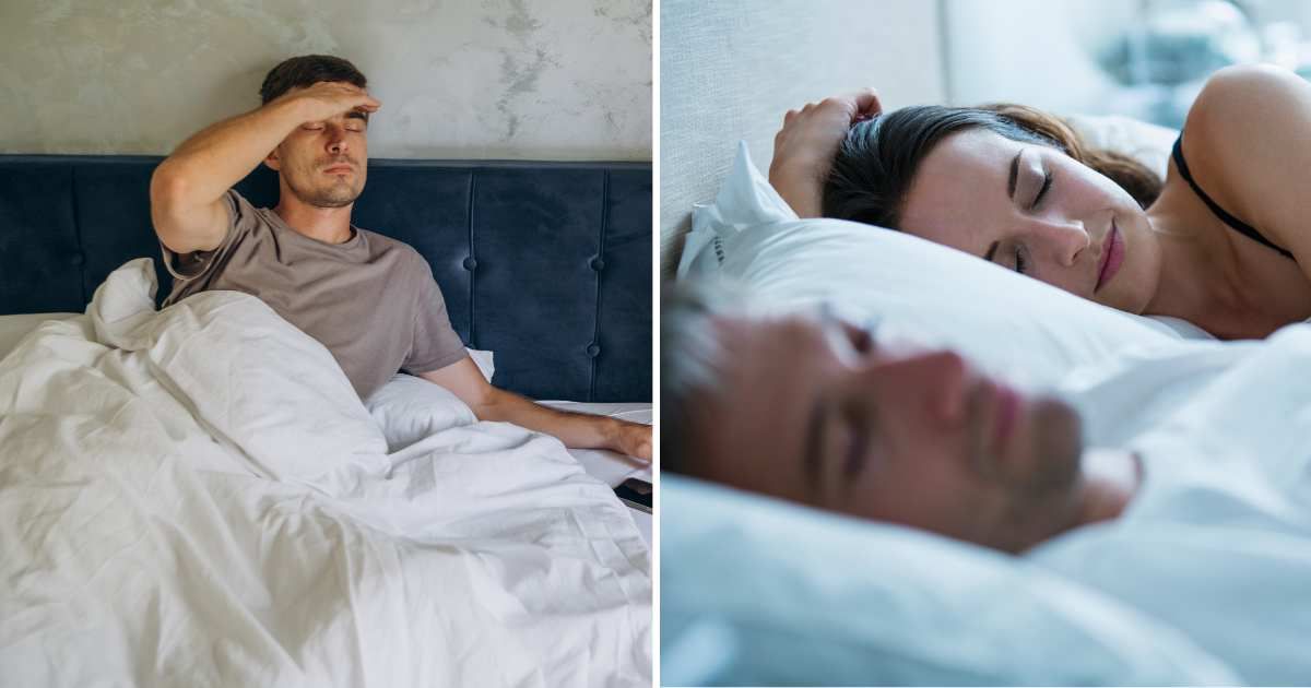 (L) Man frustrated after waking up. (R) Couple sleeping in bed. (Representative Cover Image Source: Getty Images | (L) Ekaterina Vasileva Bagler, (R) Chris ryan)