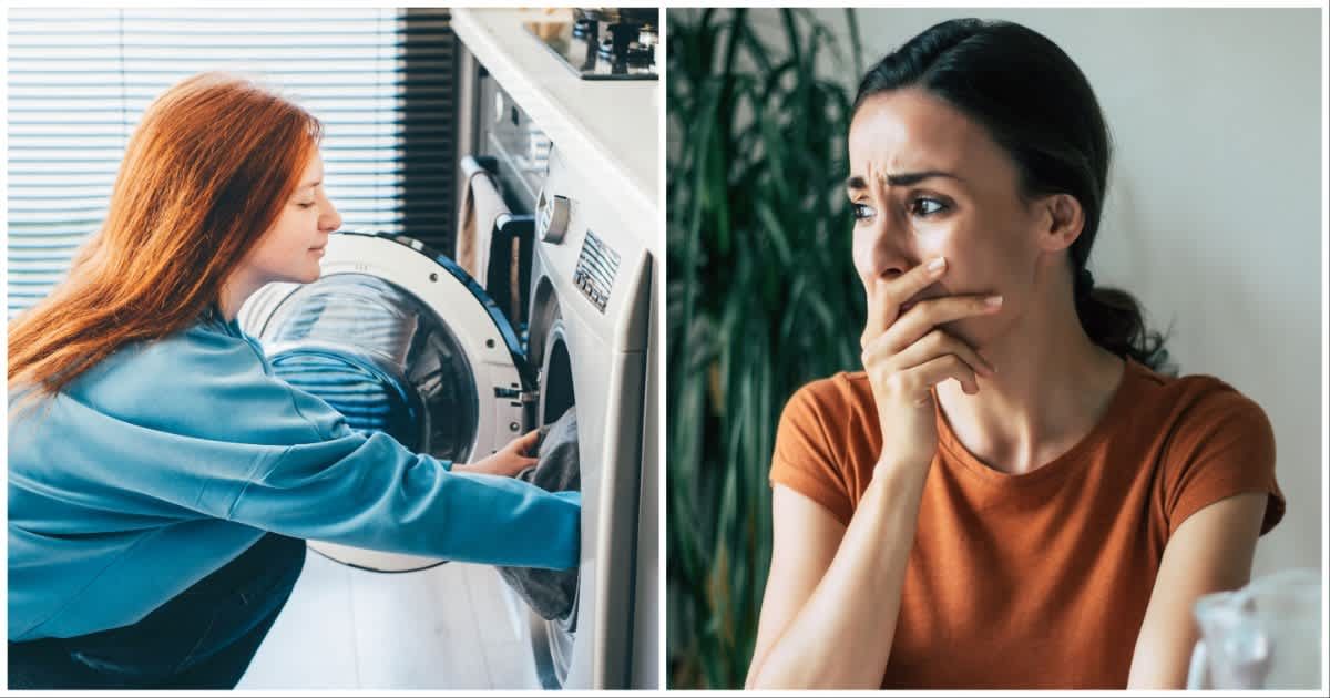 (L ) A woman loading a washing machine with clothes for laundry ; (R) A woman looks shocked and sad looking over the other side (Representative Cover Image Source: Getty Images | Photo by (L) Maria Korneeva ; (R) Povozniuk)
