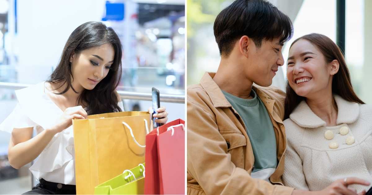 (L) Asian woman with shopping bags. (R) Couple sitting and smiling together. (Representative Cover Image Source: Getty Images | (L) Tui photo engineer, (R) pipat wongsawang)