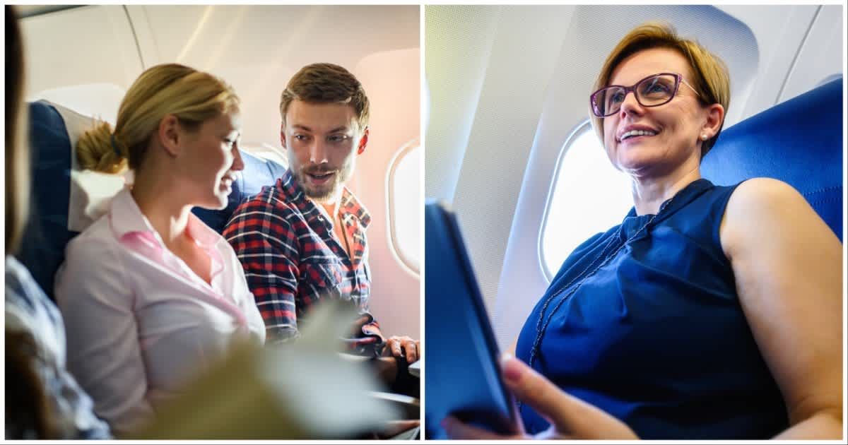 (L ) A man conversing with a woman in a flight ; (R) A mid-aged woman looking at someone on a flight (Representative Cover Image Source: Getty Images | Photo by (L) BraunS; (R) bluecinema)