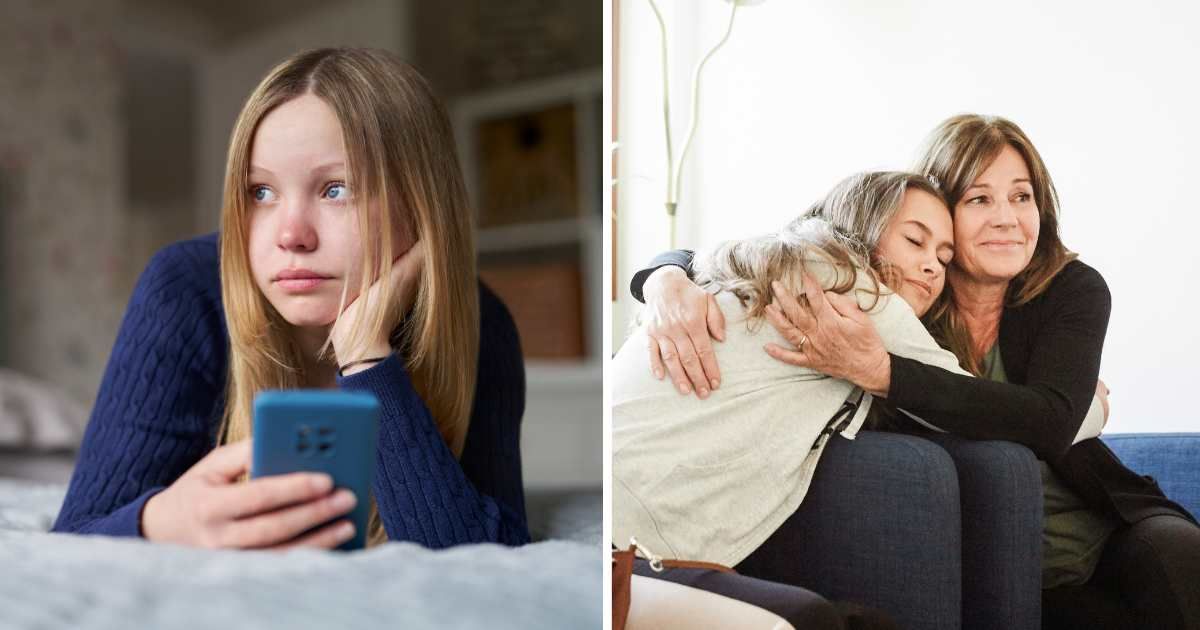 (L) Teenage girl looking sad with phone in hand. (R) Woman hugging teenage daughter. (Representative Cover Image Source: Getty Images | (L) Daisy-daisy, (R) Maskot)