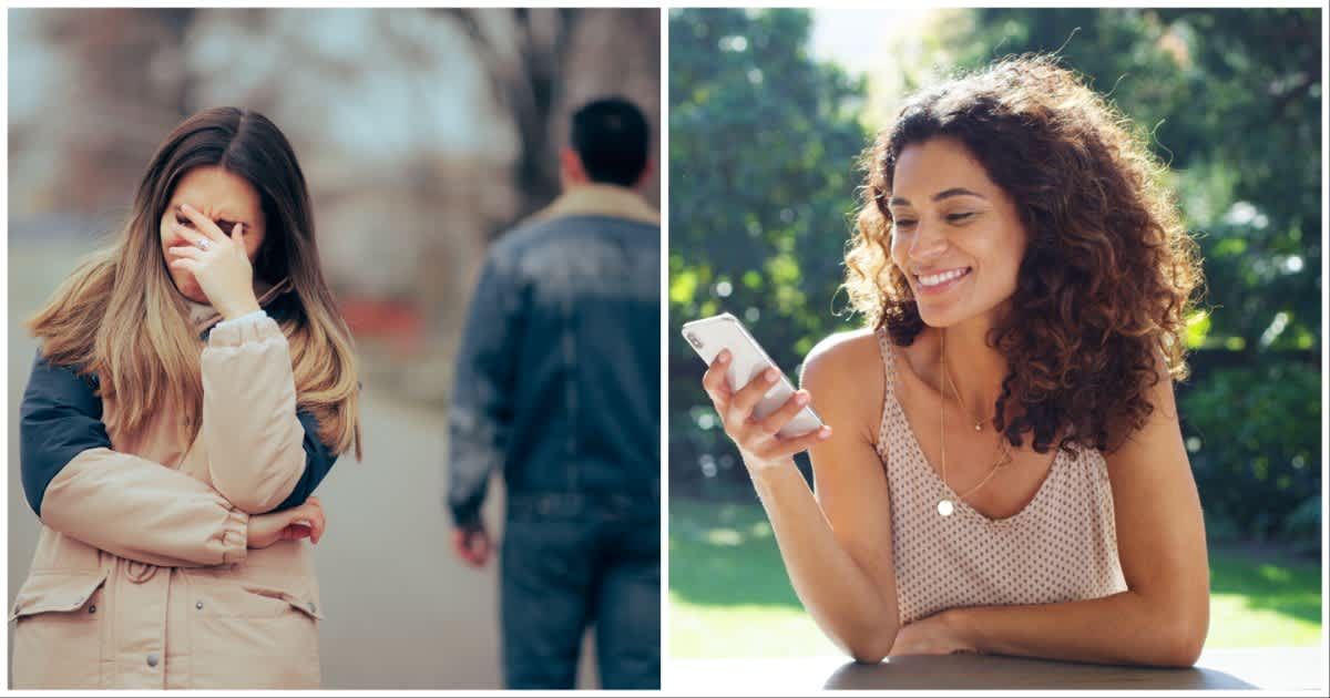 (L ) A woman crying over a breakup; (R) A woman smiling as she looks at her phone (Representative Cover Image Source: Getty Images | Photo by (L) nicoletaionescu ; (R) Jacob Wackerhausen)