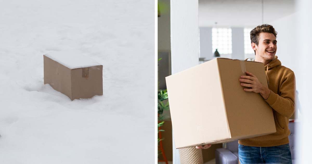 (L) Carboard box left outside in snow. (R) Happy man carrying box inside. (Representative Cover Image Source: Getty Images | (L) Apriori1, (R) Westend61)