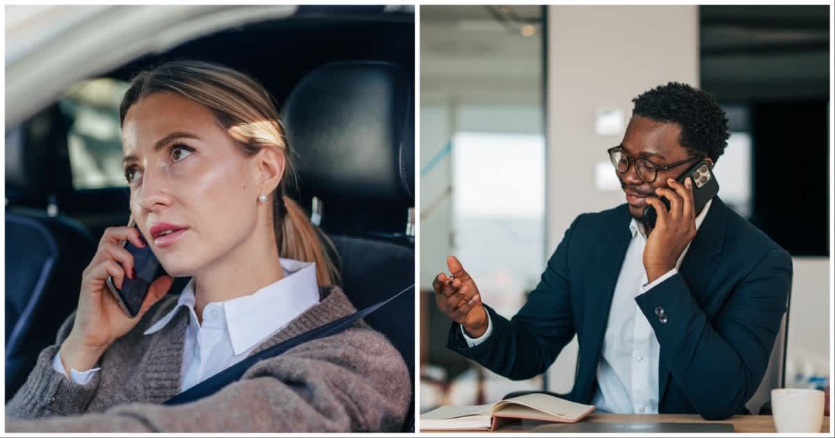 (L ) A woman seated inside a car calling someone ; (R) A man talking to someone (Representative Cover Image Source: Getty Images | Photo by (L) Halfpoint Images ; (R) milorad kravic)