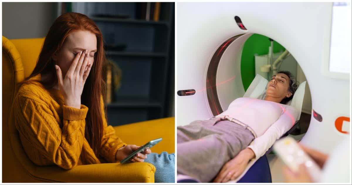 (L ) A woman experiencing a headache while typing something on her phone ; (R) A woman undergoing a scan (Representative Cover Image Source: Getty Images | Photo by (L) dikushin ; (R) Luis Alvarez)