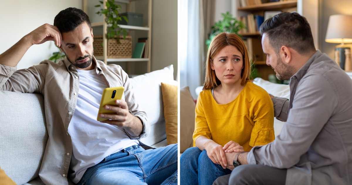 (L) Man worried looking at phone. (R) Man consoling wife. (Representative Cover Image Source: Getty Images | (L) Daniel de la Hoz, (R) draganab)
