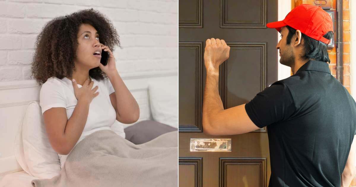 (L) Woman irritated with phone call sitting in bed. (R) Delivery man at the door. (Representative Cover Image Source: Getty Images | (L) Zmaster, (R) IndiaPix/IndiaPicture)