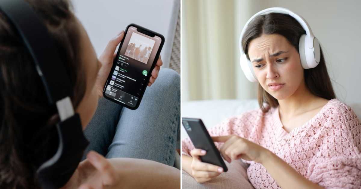 (L) Spotify playlist on phone. (Representative Cover Image Source: Pexels | cottonbro studio) (R) A confused woman is listening to music. (Representative Cover Image Source: Getty Images | Photo by AntonioGuillem)
