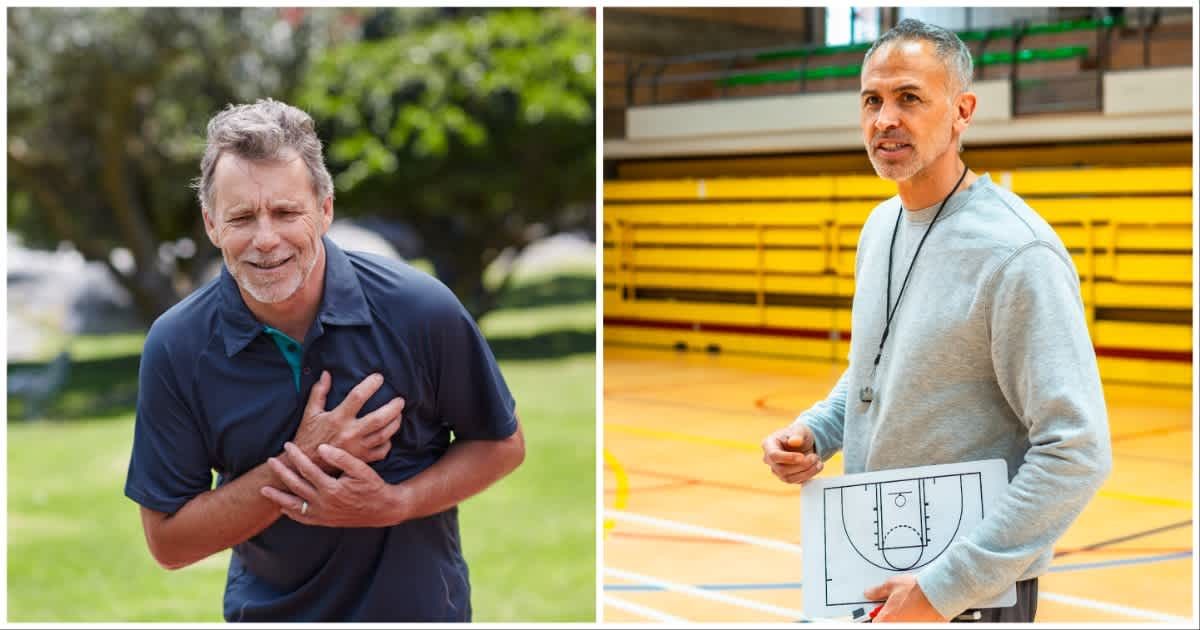 (L ) A man suffering cardiac arrest ; (R) A basketball coach looking over other side (Representative Cover Image Source: Getty Images | Photo by (L) Science Photo Library ; (R) Unaihuiziphotography)