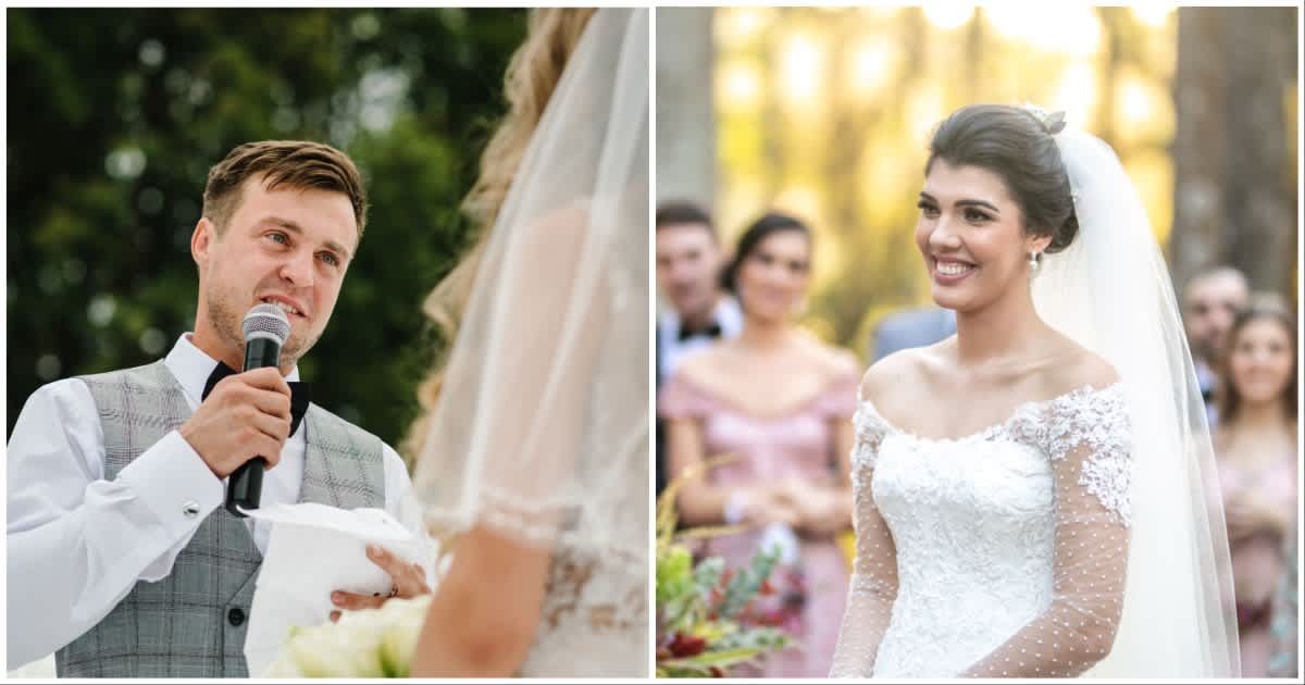 (L ) A groom reading his wedding vows ; (R) A bride looking at her groom (Representative Cover Image Source: Getty Images | Photo by (L) Serhii Sobolevsky; (R) FG Trade)