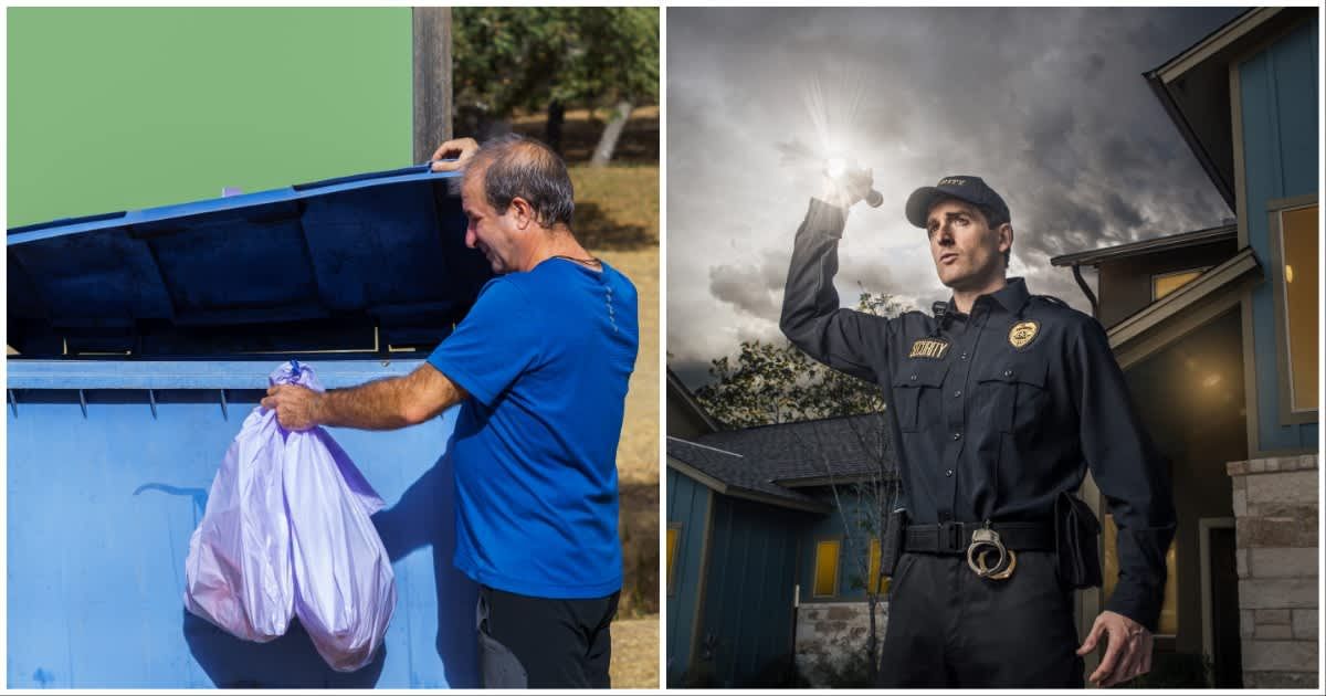 (L ) A man throwing out trash in garbage bin ; (R) A cop searching for something with flashlight on (Representative Cover Image Source: Getty Images | Photo by (L) joseantona ; (R) Kirk Marsh)