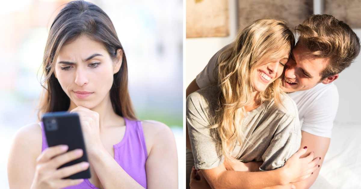 (L) Woman suspiciously looking at her phone. (R) Couple smiling and hugging. (Representative Cover Image Source: Getty Images | (L) Pheelings media, (R) David Prado)