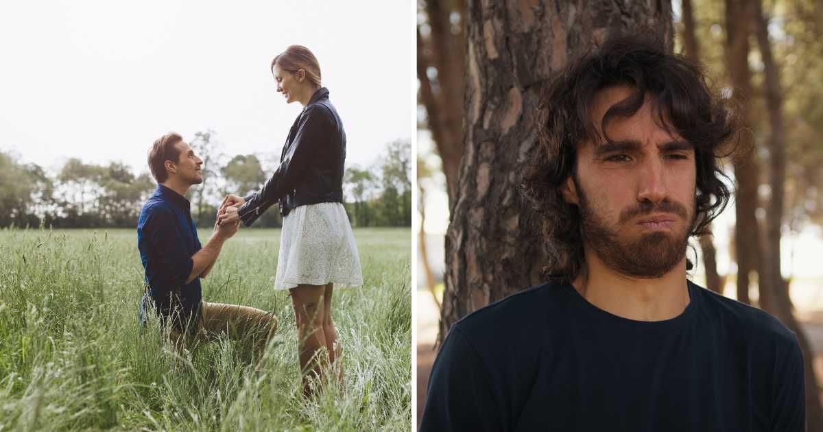 (L) Man proposing to woman. (R) Man about to puke. (Representative Cover Image Source: Getty Images | (L) Westend61, (R) Polonio video)