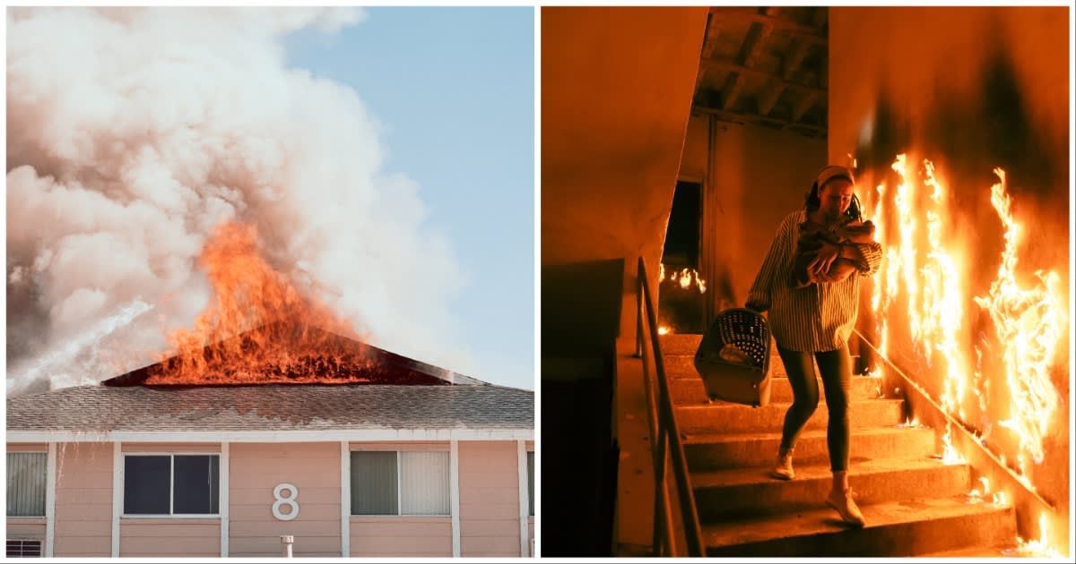 (L ) An apartment caught on fire ; (R) A woman evacuating a building caught on fire, with her children (Representative Cover Image Source: Getty Images | Photo by (L) Erik Von Weber ; (R) .shock)