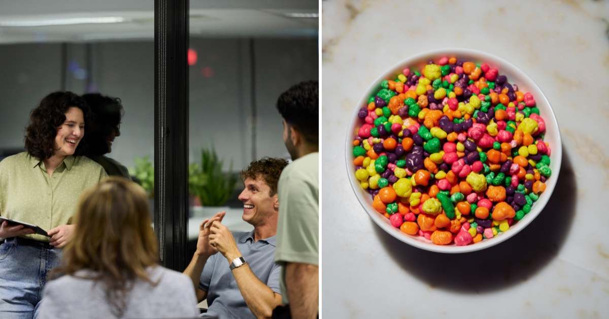 (L) Coworkers talking. (R) Bowl of candy. (Representative Cover Image Source: Getty Images | (L) Morsa images, (R) Norman Posselt)