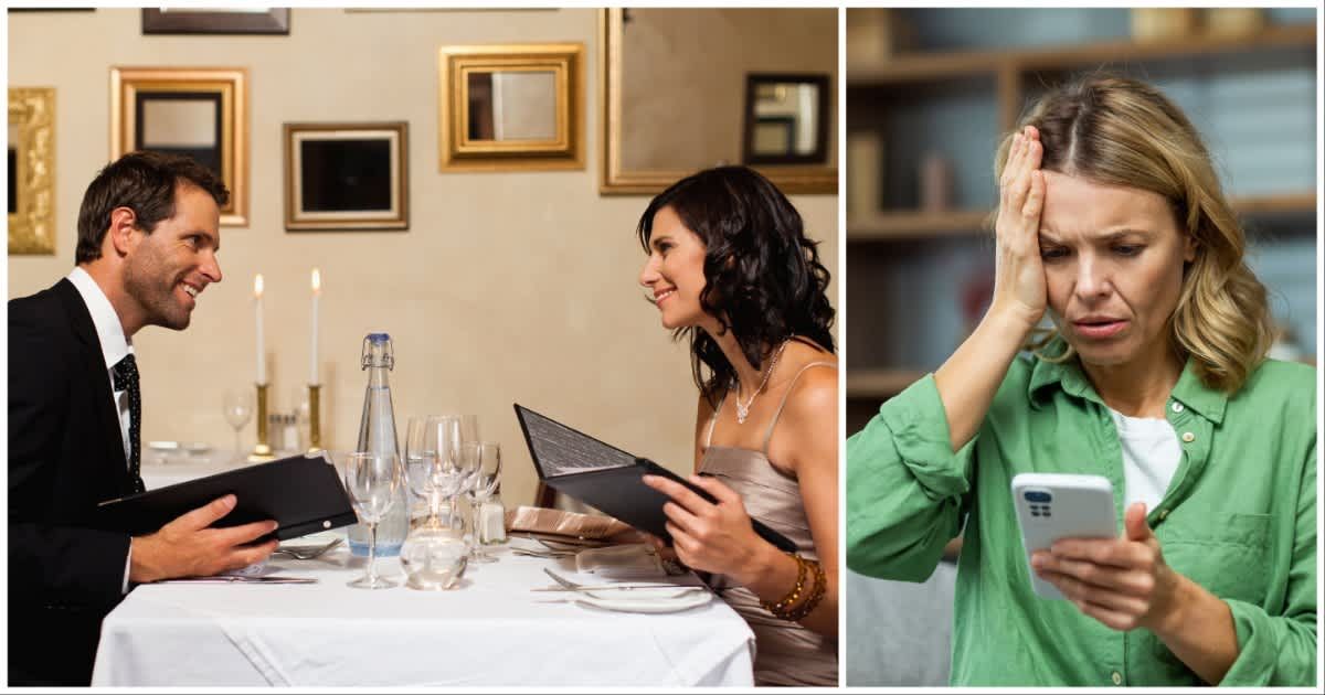 (L ) A couple on a date ; (R) A woman looks shocked reading a text (Representative Cover Image Source: Getty Images | Photo by (L) Hybrid Images ; (R) Liubomyr Vorona)