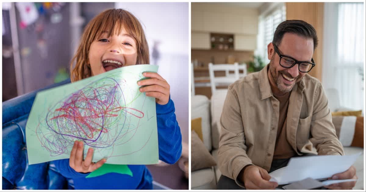 (L ) A little girl showing her drawing ; (R) A man laughing at something on a paper (Representative Cover Image Source: Getty Images | Photo by (L) Lisa5201 ; (R) Milan Markovic)