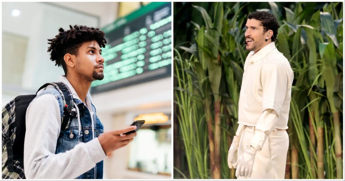 (L ) A man arriving at an airport ; (R) Bad Bunny performing at the Apple Music Super Bowl LX Halftime Show (Representative Cover Image Source: Getty Images | Photo by (L) Focus Pixel Art ; (R) Neilson Barnard)
