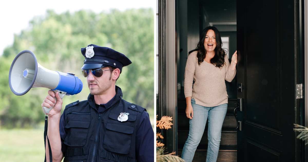 (L) Officer speaking on loudspeaker. (R) Woman surprised standing at door. (Representative Cover Image Source: Getty Images | (L) Mark hatfield, (R) Sara monika)