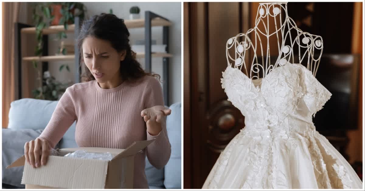 (L ) A woman looks shocked, opening a box ; (R) A white wedding gown (Representative Cover Image Source: Getty Images | Photo by (L) fizkes ; (R) Docinets Vasil)