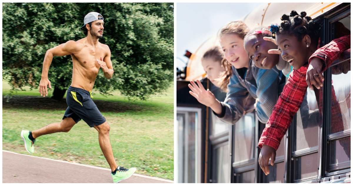 (L) A  man running shirtless; (R) Kids sticking their heads out of a school bus (Representative Cover Image Source: Getty Images | Photo by (L) Westend61 ; (R) mannonallard)