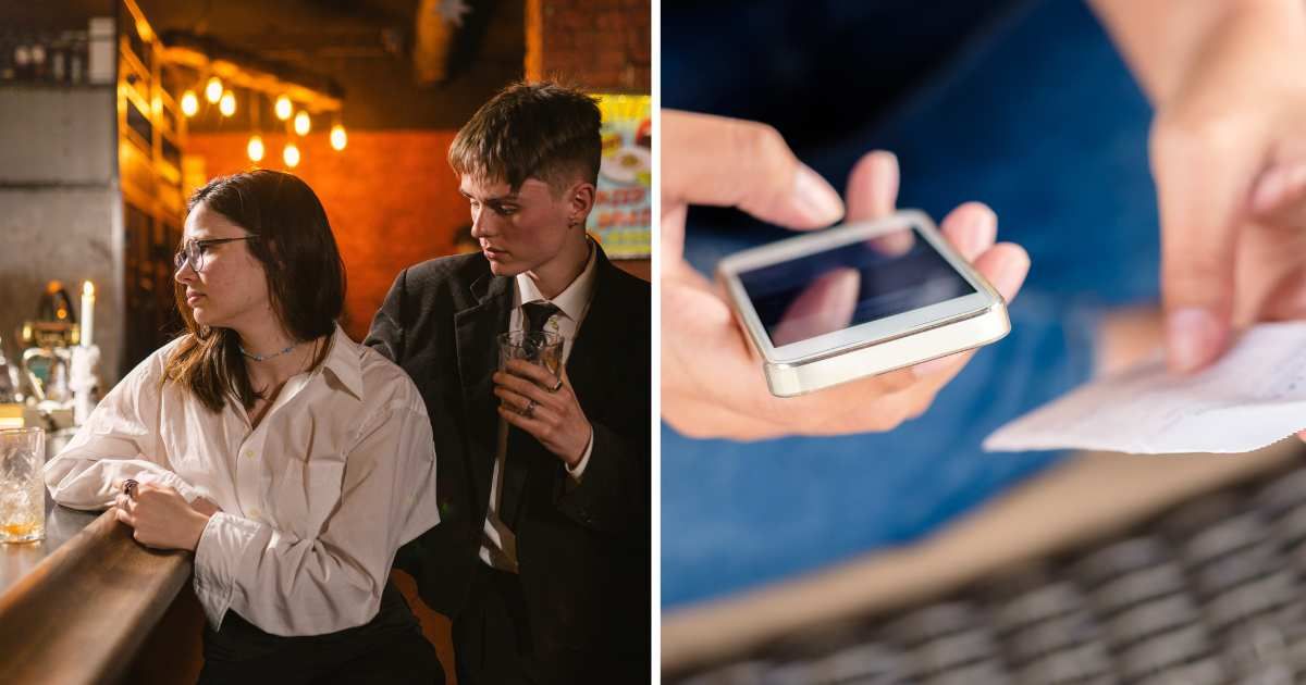(L) Man flirting with woman at bar. (R) Man using phone. (Representative Cover Image Source: Getty Images | (L) Stansilav Smoliakov, (R) patpitchaya)