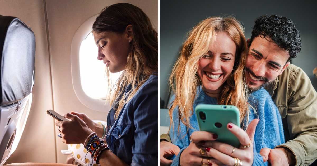 (L) Woman texting on a flight. (R) Young happy couple together. (Representative Cover Image Source: Getty Images | (L) mihailomilovanovic, (R) Jose Calsina)
