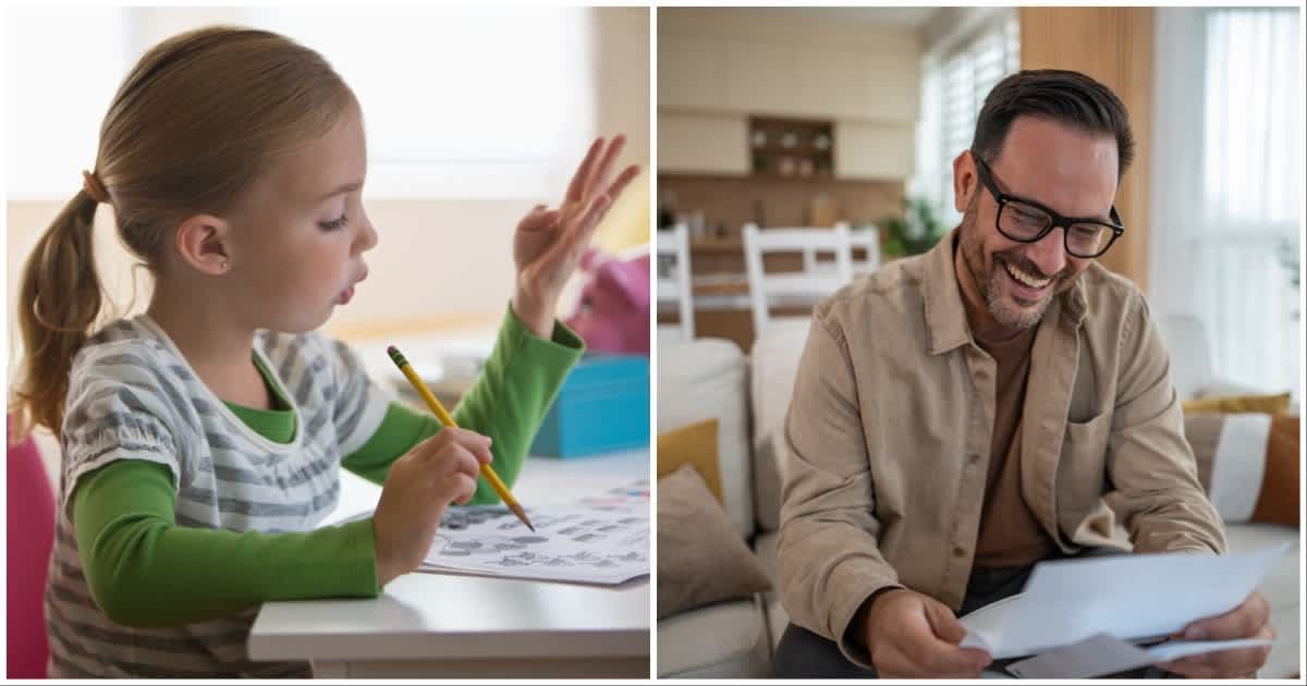(L ) A little girl solving math ; (R) A man laughing at something written (Representative Cover Image Source: Getty Images | Photo by (L) Jose Luis Pelaez Inc ; (R) Milan Markovic)