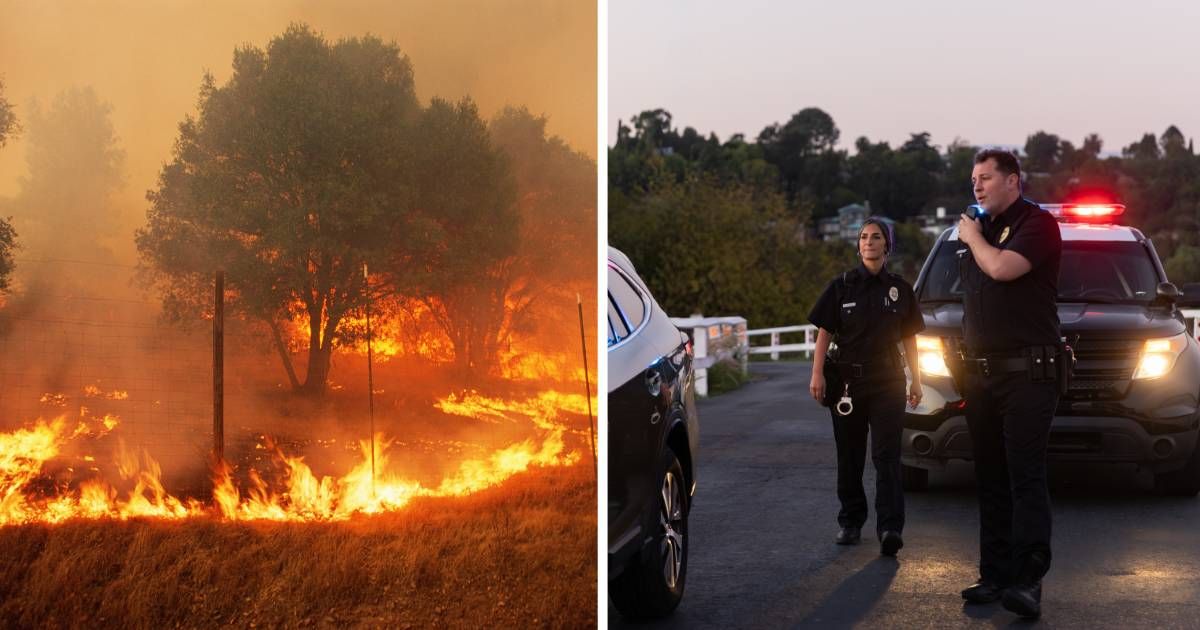 (L) Forest fire. (R) Two officers on the road. (Representative Cover Image Source: Getty Images | (L) Grant Faint, (R) halbergman)