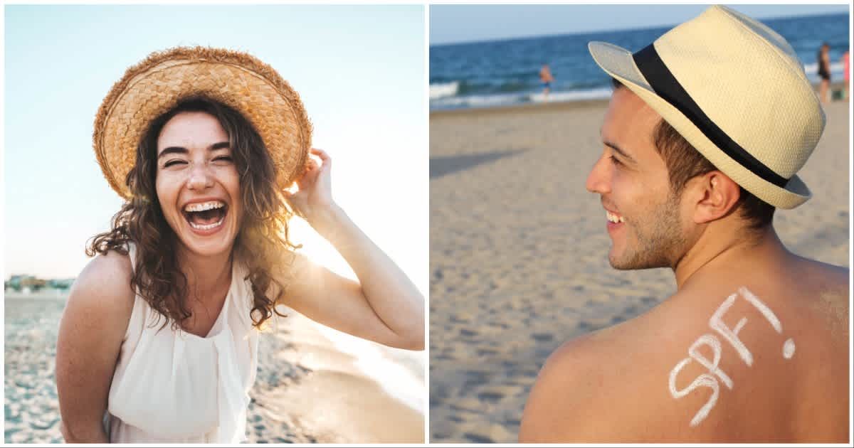 (L ) A woman laughing at the beach ; (R) SPF written on the back of a man at beach (Representative Cover Image Source: Getty Images | Photo by (L) Kar-Tr ; (R) ajr_images)
