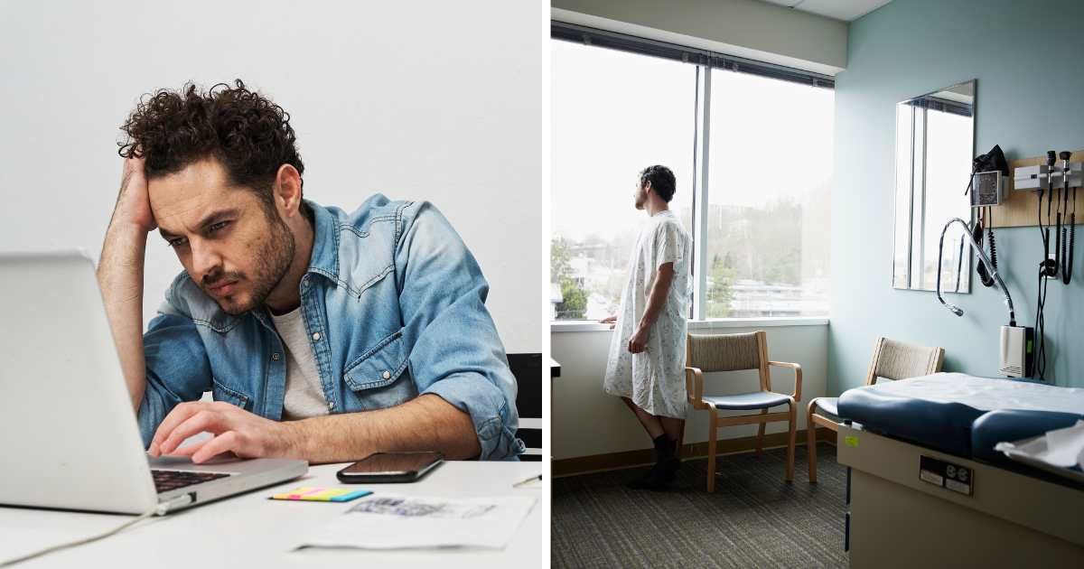 (L) Stressed man working on laptop. (R) Man looking out window in hospital. (Representative Cover Image Source: Getty Images | (L) Creative images lab, (R) Thomas barwick)
