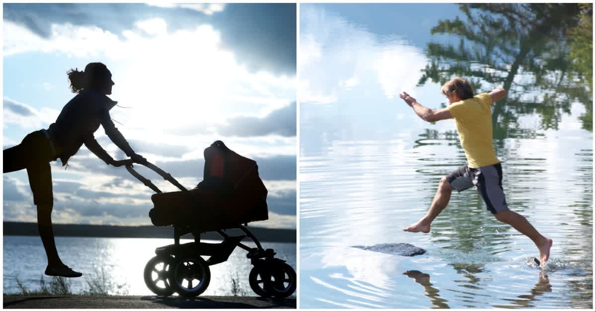 (L ) A woman carrying a stroller, which is flying off ; (R) A man jumping into a lake (Representative Cover Image Source: Getty Images | Photo by (L) YanLev ; (R) Ascent/PKS Media Inc.)
