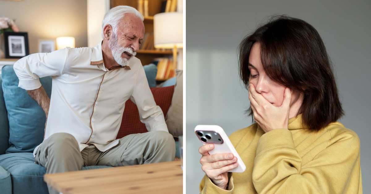 (L) Old man with back pain. (R) Woman shocked looking at phone. (Representative Cover Image Source: Getty Images | (L) Jelena Stanojkovic, (R) Ekaterina Demidova)