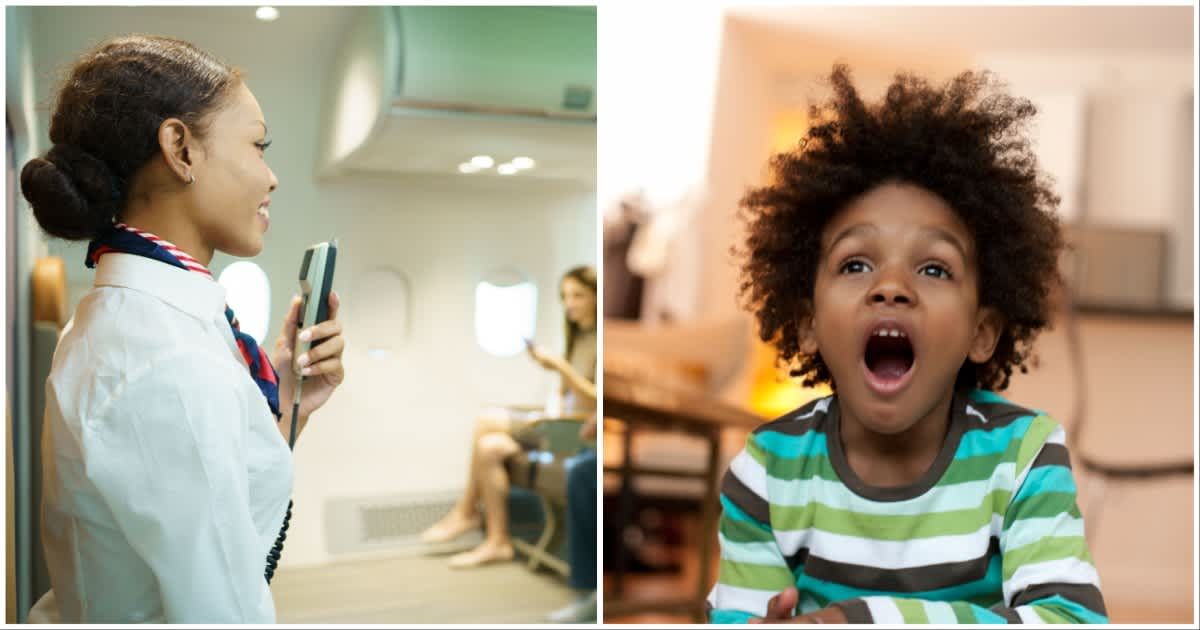 (L ) A flight attendant making an announcement ; (R) A little boy looks stunned (Representative Cover Image Source: Getty Images | Photo by (L) golfcphoto ; (R)  Sean De Burca)