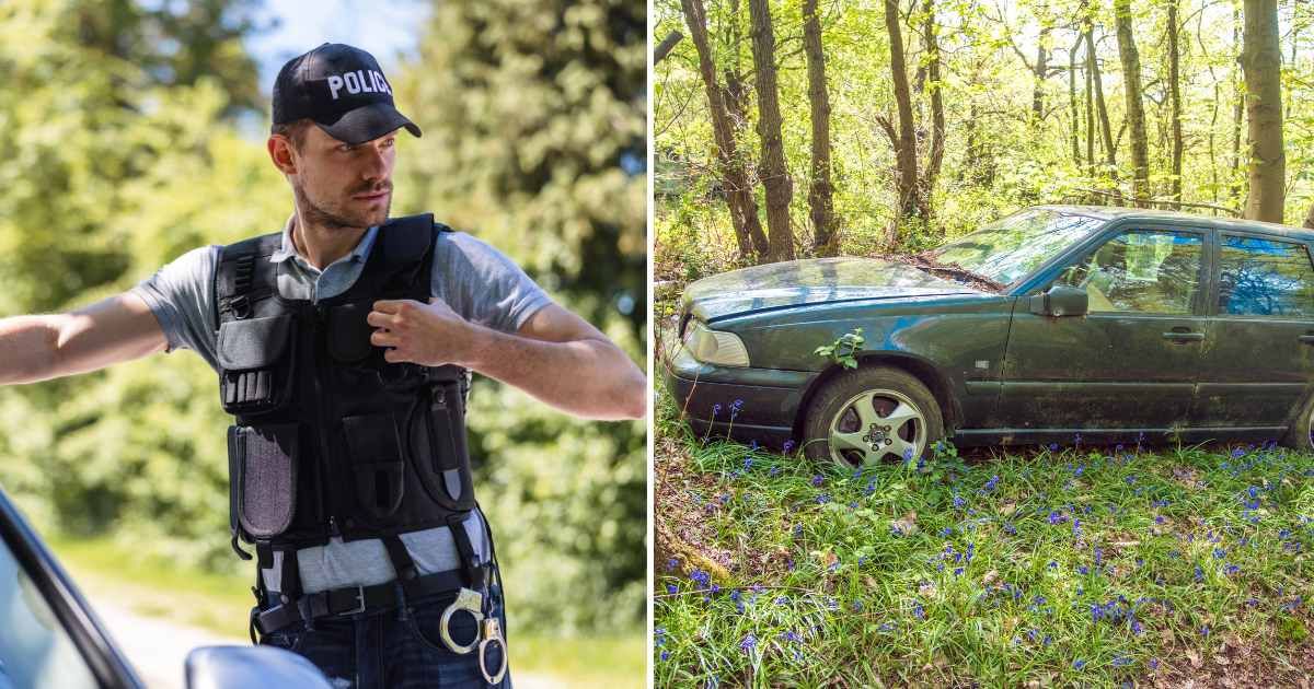 (L) Cop looking for a thief. (R) Abandoned car in woods. (Representative Cover Image Source: Getty Images | (L) Azman Jaka, (R) VWB photos)