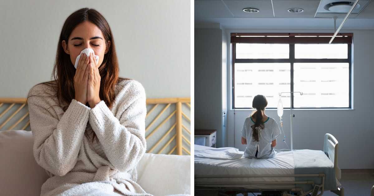 (L) Woman sneezing. (R) Woman in hospital. (Representative Cover Image Source: Getty Images | (L) Daniel de la hoz, (R) Portra images)
