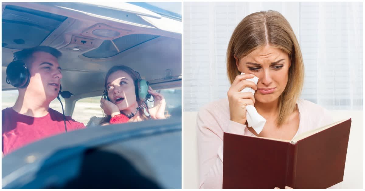 (L ) A couple in a cockpit ; (R) A woman cries reading a book (Representative Cover Image Source: Getty Images | Photo by (L) GeorgiNutsov ; (R) LittleBee80)