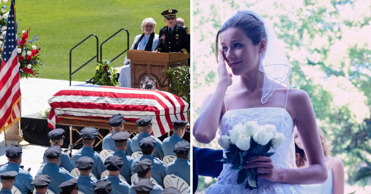 (L) Officers at funeral. (R) Emotional bride. (Representative Cover Image Source: Getty Images | (L) JSantiago Photo, (R) Stockbyte)