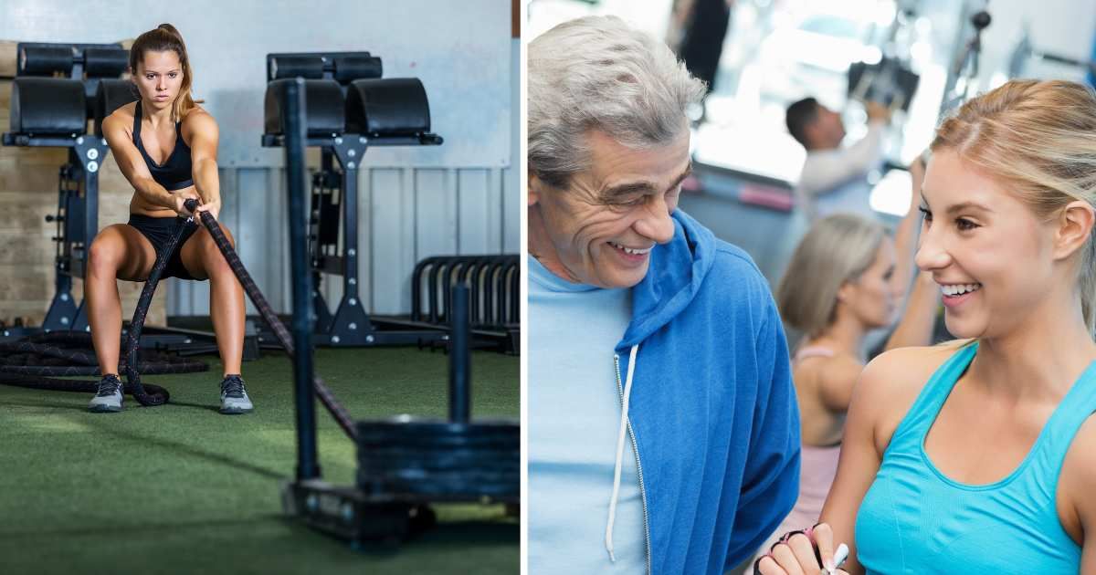 (L) Woman doing exercise in gym. (R) Woman talking to old man in gym. (Representative Cover Image Source: Getty Images | (L) Juan algar, (R) SDI productions)