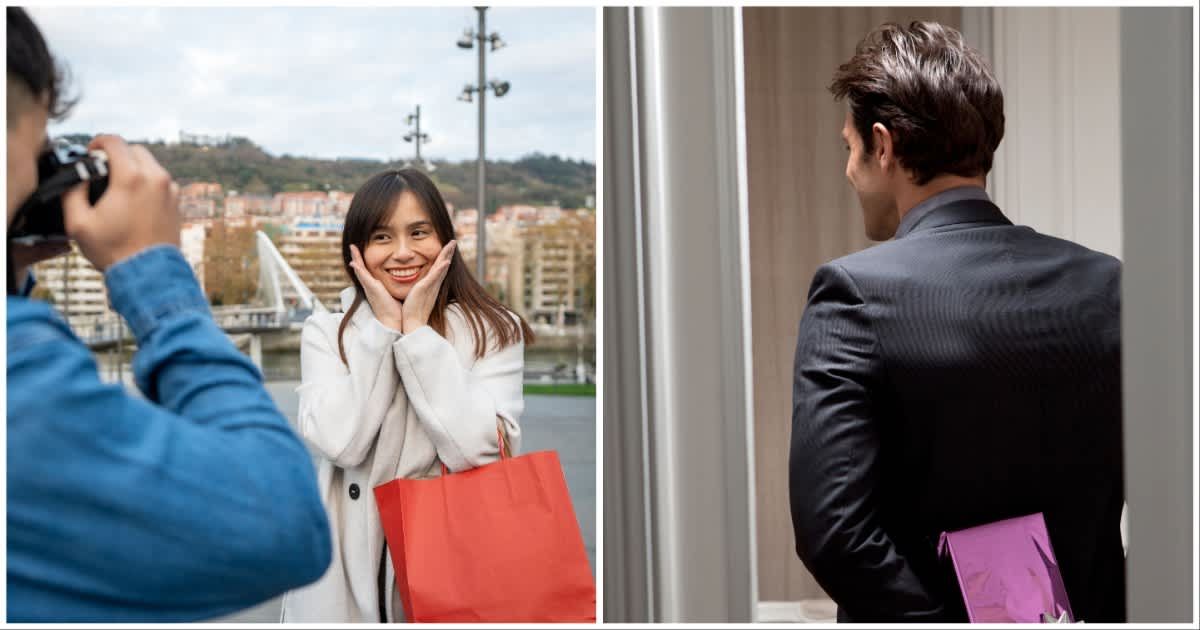 (L ) A woman posing for pictures ; (R) A man in a suit hiding a gift box behind (Representative Cover Image Source: Getty Images | Photo by (L) KoldoyChris ; (R) Vincent Besnault)
