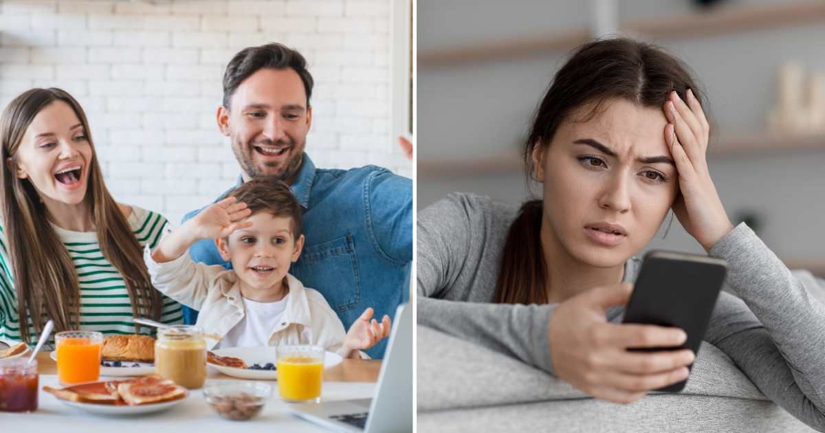 (L) Family having breakfast and talking on video call. (R) Worried woman using phone. (Representative Cover Image Source: Getty Images | (L) Inside creative house, (R) Prostock studio)