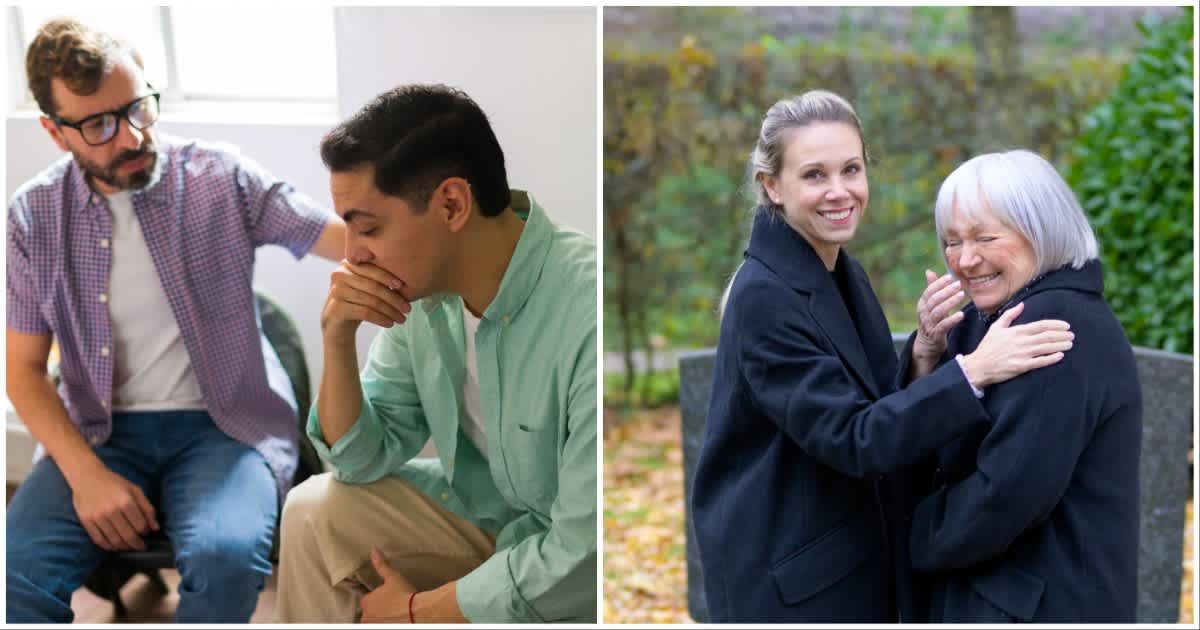 (L ) A man consoling another man ; (R) Attendees at a funeral laughing (Representative Cover Image Source: Getty Images | Photo by (L) Antonio_Diaz ; (R) mheim3011)
