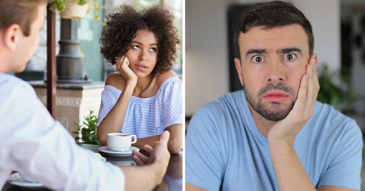(L) Bored woman on date. (R) Shocked man. (Representative Cover Image Source: Getty Images | (L) Prostock studio, (R) ajr_images)