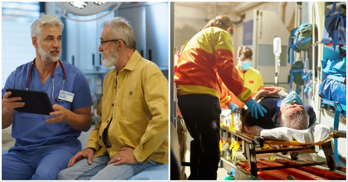(L ) An elderly man talking to a doctor ; (R) An elderly man being taken into an ambulance (Representative Cover Image Source: Getty Images | Photo by (L) Halfpoint Images ; (R) xavierarnau)
