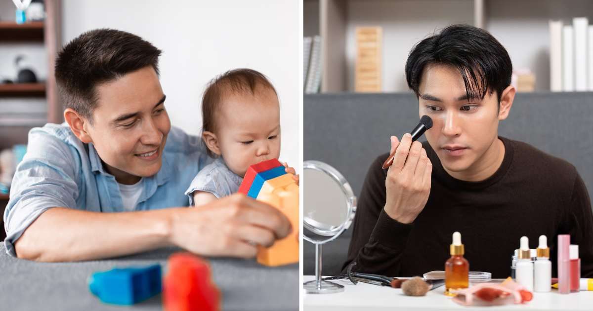 (L) Dad playing with baby. (R) Man applying makeup. (Representative Cover Image Source: Getty Images | (L) kieferpix, (R) Natee Meepian)