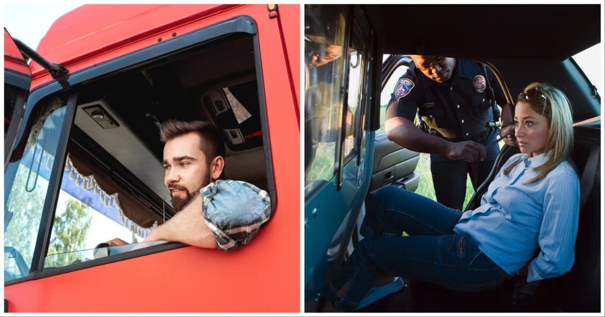 (L ) A truck driver looking over the other side ; (R) A woman being arrested by cops (Representative Cover Image Source: Getty Images | Photo by (L) Jun ; (R) Jeremy Woodhouse)