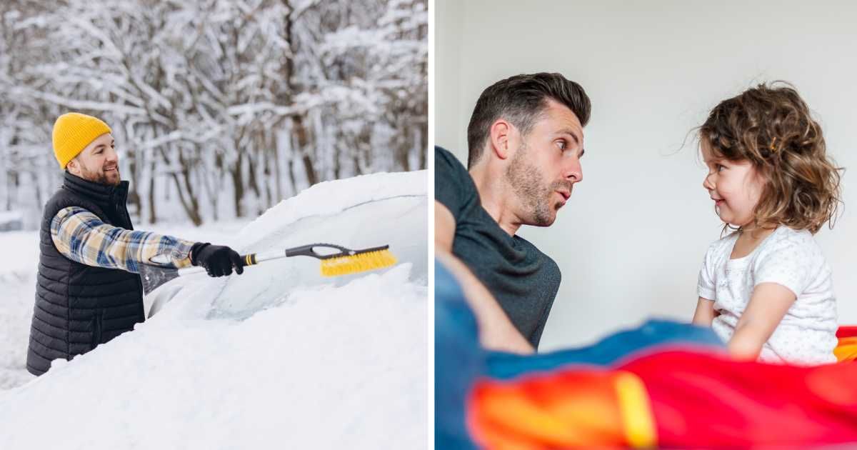 (L) Man removing snow from car. (R) Dad shocked talking to toddler. (Representative Cover Image Source: Getty Images | (L) antoliycherkas, (R) Westend61)