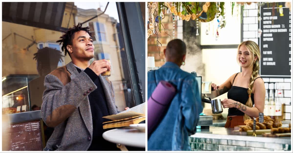 (L ) A man reading and drinking coffee ; (R) A barista talking to a customer (Representative Cover Image Source: Getty Images | Photo by (L) Justin Lambert ; (R) 10'000 Hours)