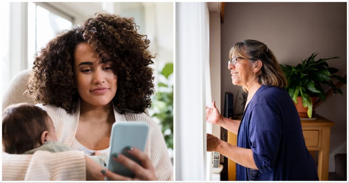 (L ) A new mother reading a text, while holding her baby ; (R) A neighbor looking over the window (Representative Cover Image Source: Getty Images | Photo by (L) SDI Productions ; (R) andresr)